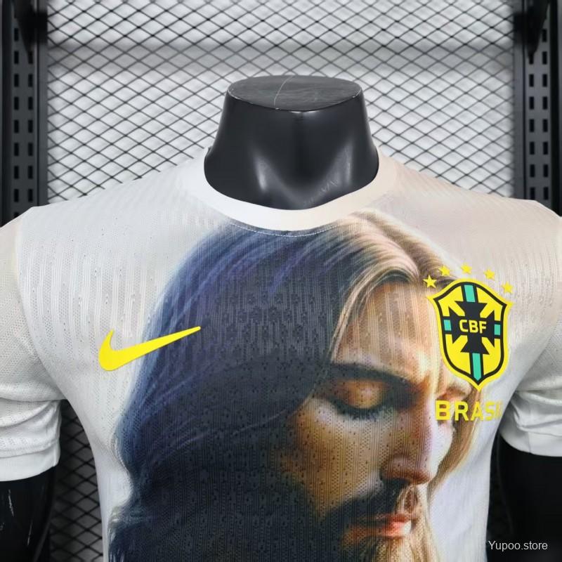 d30bca9d65cb5bdb.jpg Player Version 2025 Brazil White with Jesus Praying Portrait Jersey - Image 8