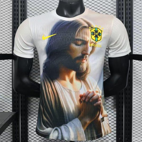 Player Version 2025 Brazil White with Jesus Praying Portrait Jersey