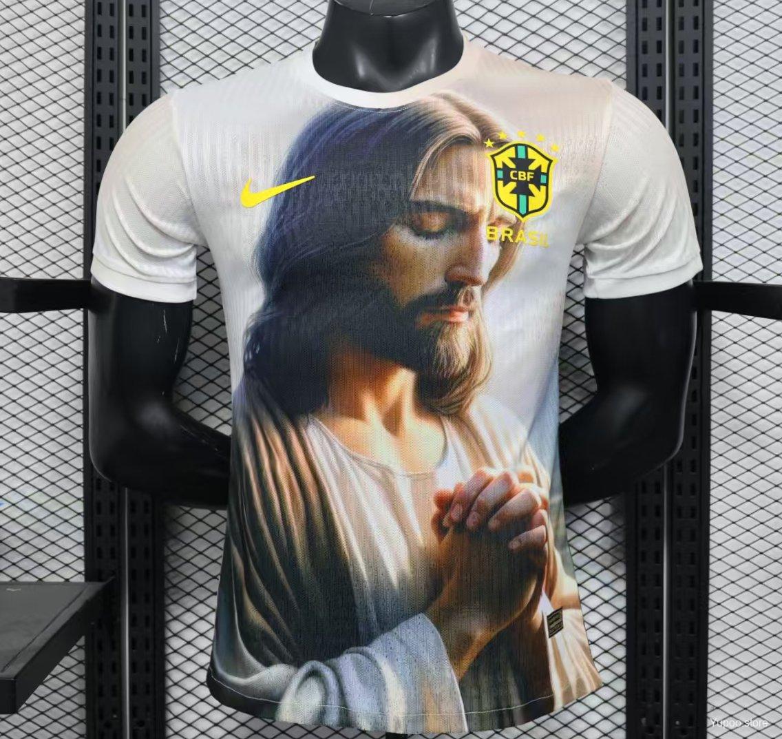f7535d47bd02944c8741fa4c.jpg Player Version 2025 Brazil White with Jesus Praying Portrait Jersey - Image 1